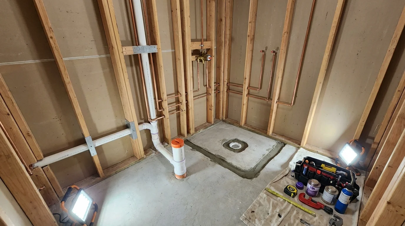 Bathroom rough-in plumbing during remodel by Johns Plumbing LLC in West New York