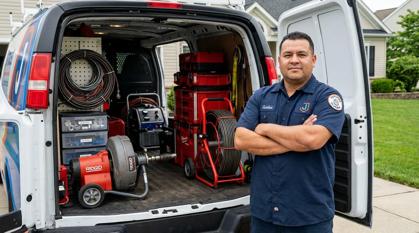 Professional drain cleaning equipment and Johns Plumbing LLC plumber in West New York
