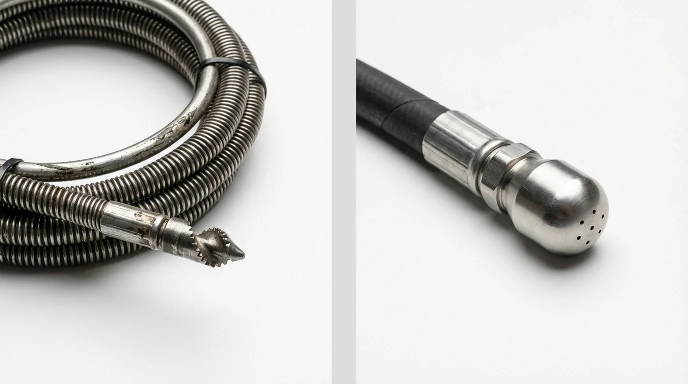 Drain snake cable and hydro jetting nozzle used for drain cleaning in West New York, NJ