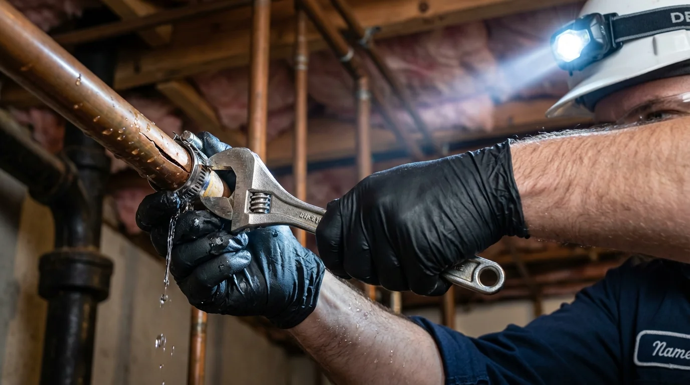 Emergency pipe clamp repair being performed by a Johns Plumbing LLC plumber in West New York