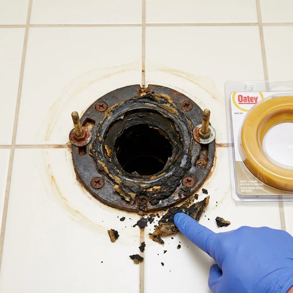 Failed wax ring showing water seepage at the base of a toilet in a West New York, NJ home