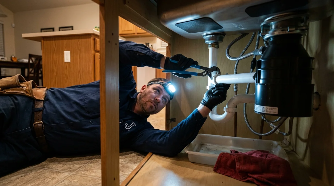 P-trap and supply line connections under a kitchen sink showing a common leak point in West New York, NJ